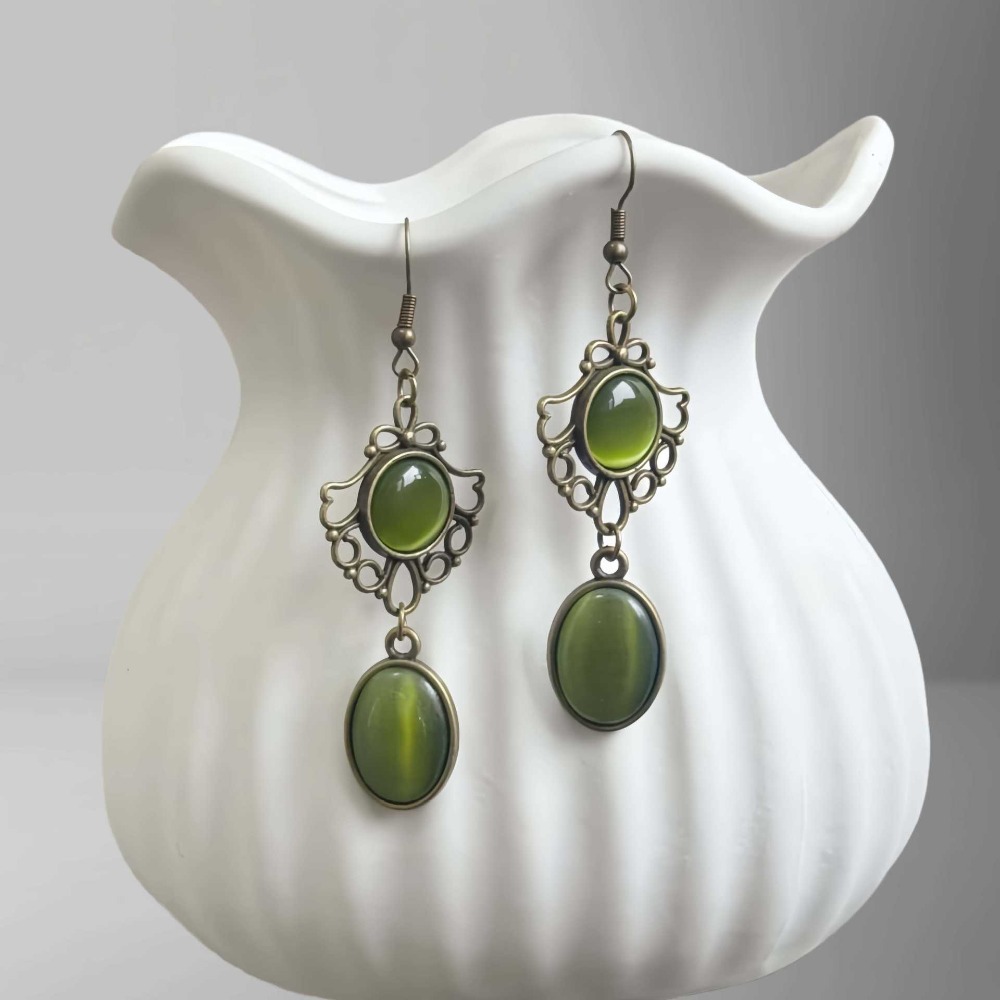 Women'S Victorian Era Accessories - ต่างหูห้อยประดับโอปอลสีเขียวลายฉลุสไตล์วิคตอเรียนย้อนยุคสำหรับผู้หญิง งานปาร์ตี้ฮาโลวีน โกธิค เครื่องประดับแม่มด