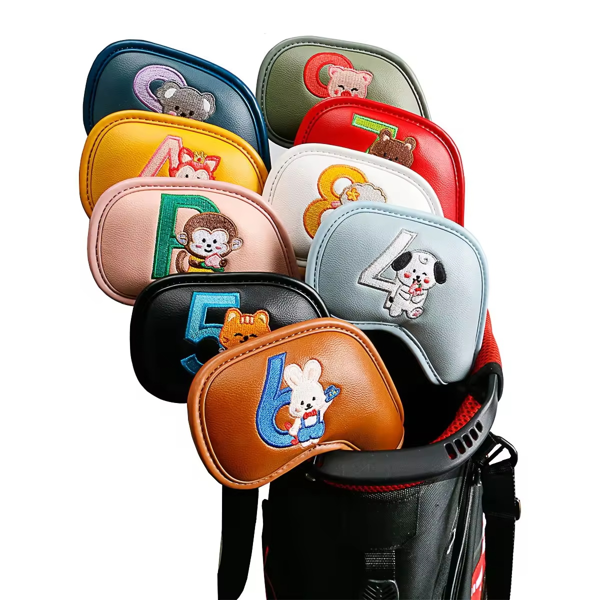 Women Accessories To Gift - ชุดคลุมหัวไม้กอล์ฟลายการ์ตูนสัตว์น่ารัก 9 ชิ้น, วัสดุหนัง PU ปักลาย,
