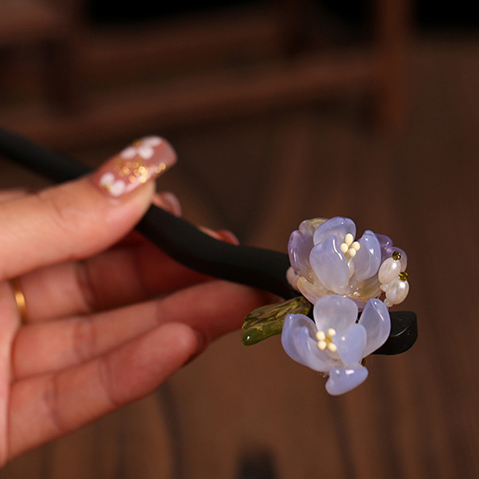 Women Accessories Shop - กิ๊บติดผมไม้ลายดอกไม้สไตล์วินเทจสำหรับผู้หญิง กิ๊บติดผมดอกไม้แก้วสุดหรู ทันสมัย สำหรับทรงผมมวย ตกแต่งทรงผม อุปกรณ์เสริมผม